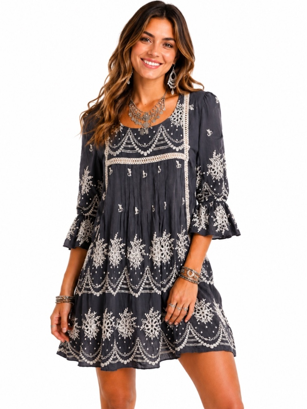 Sundance Gray White Embroidered 3/4 Sleeve Boho Coastal Micro Mini Dress Size M